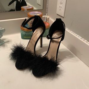 BLACK FUZZY STRAP STILETTOS